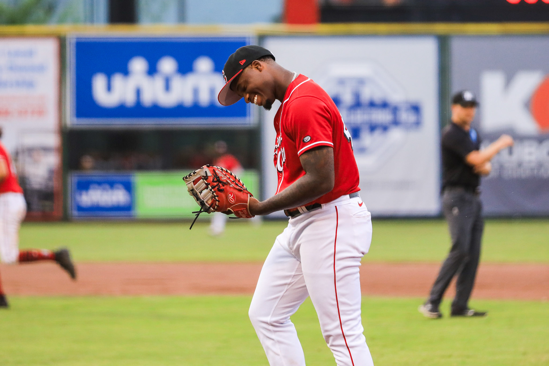 Lookouts vs. Trash Pandas 7.8 - Cam Collier celebrates his out