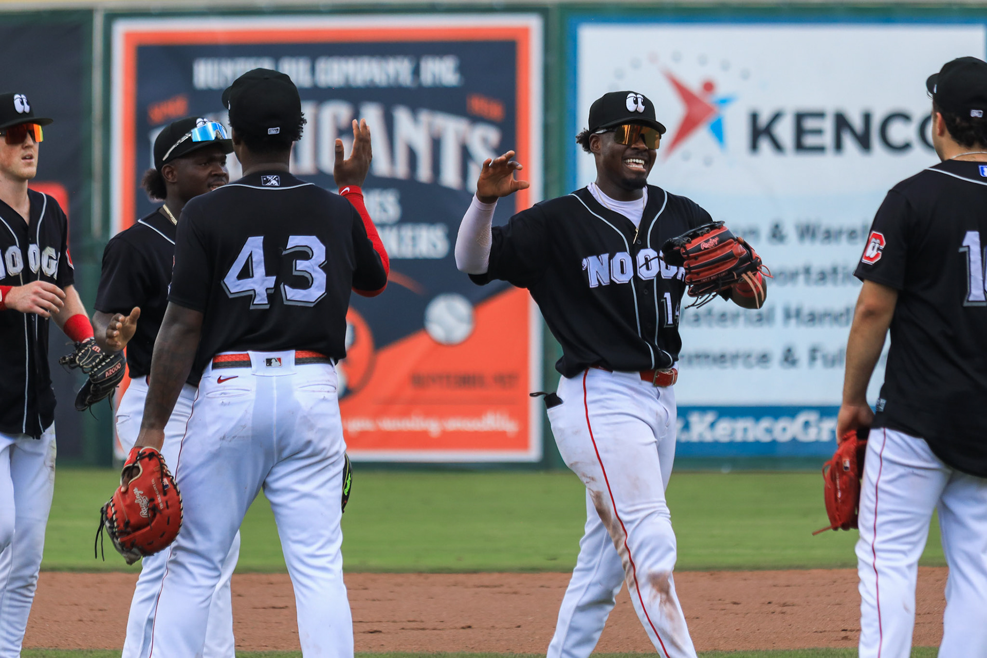Lookouts vs. Blue Wahoos 6.29 - Jay Allen II celebrates win