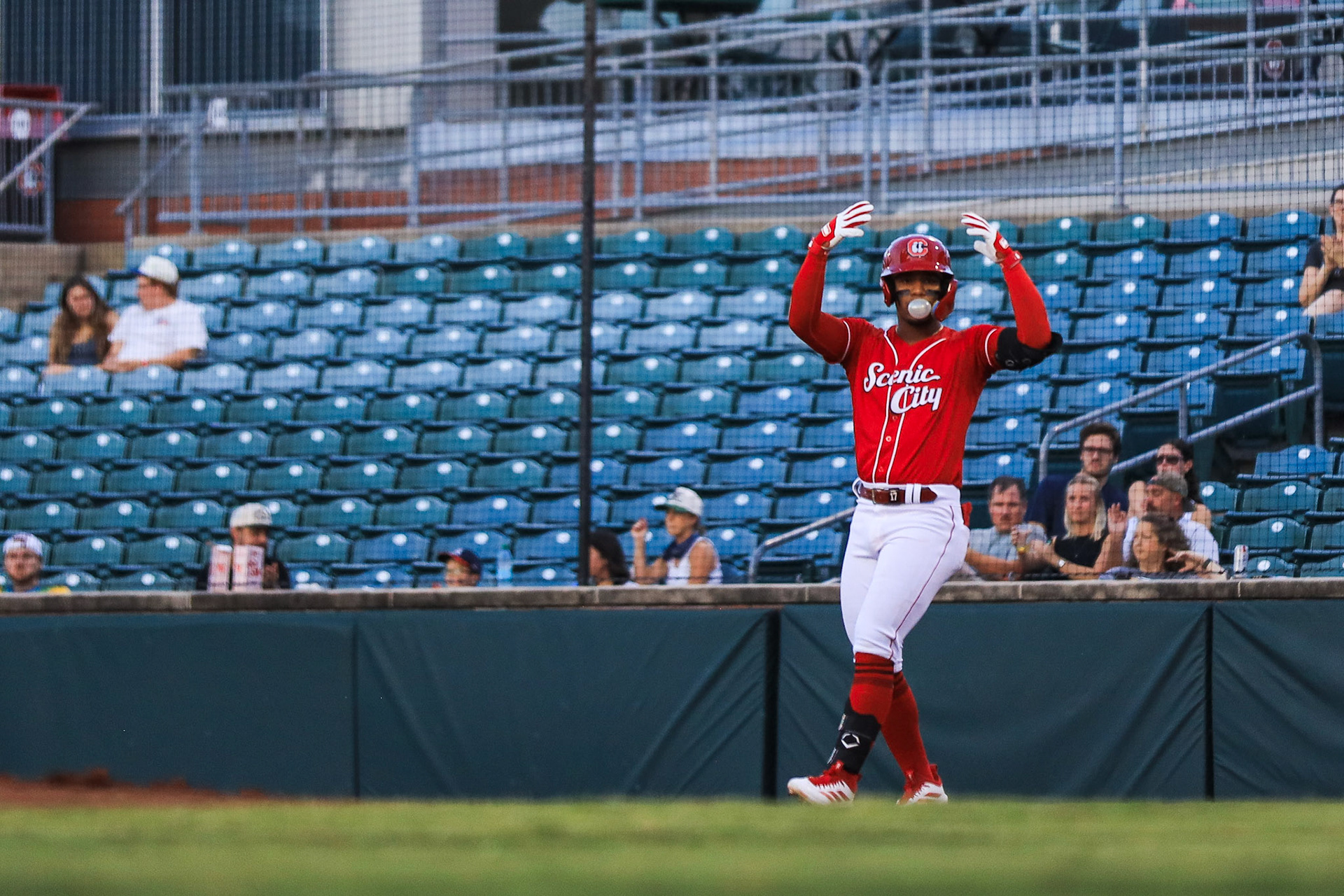 Lookouts vs. Barons SLDS Playoffs 9.19 - Leo Balcazar celebrates a single