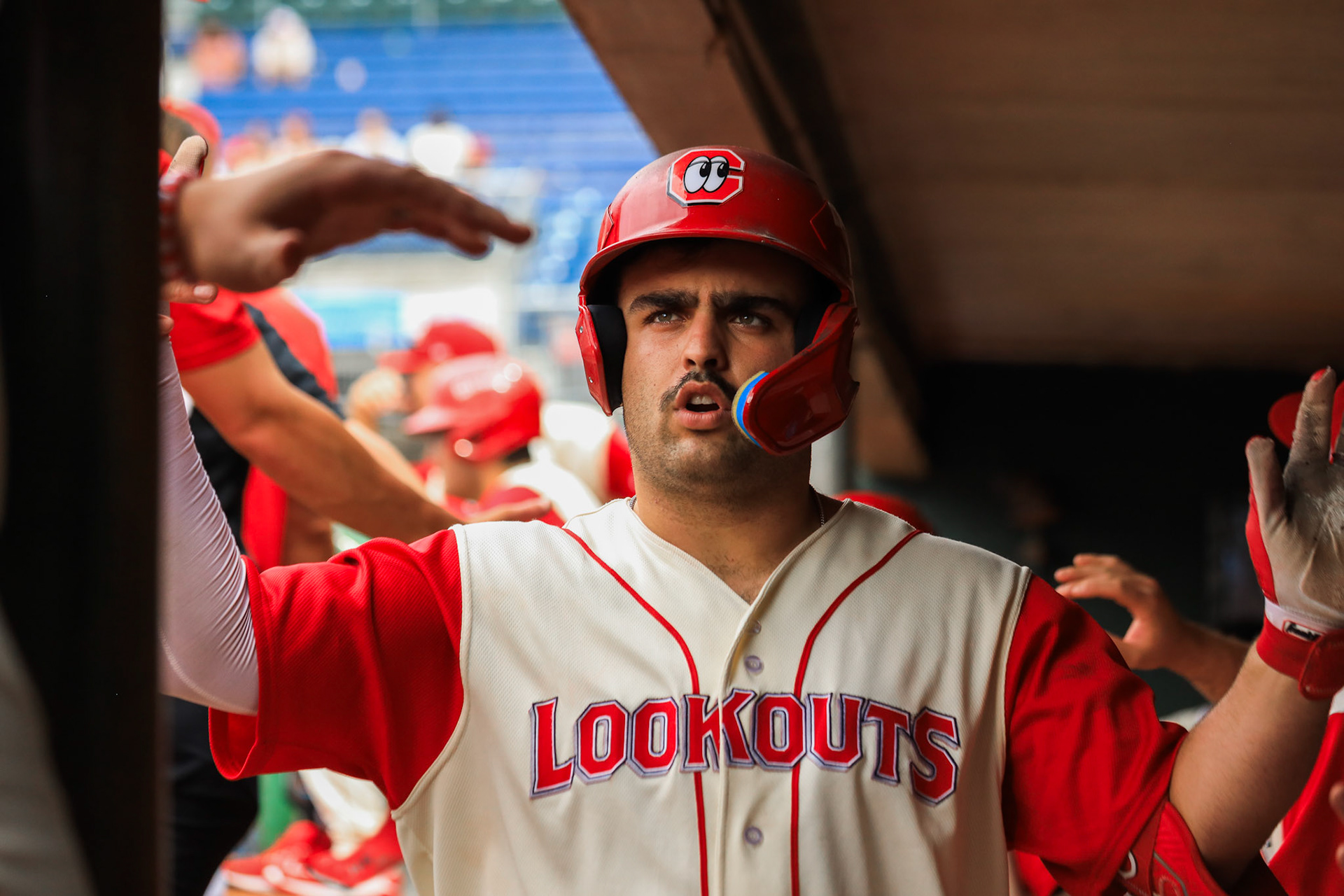 Lookouts vs. Blue Wahoos 6.29 - Sal Stewart dugout celebration