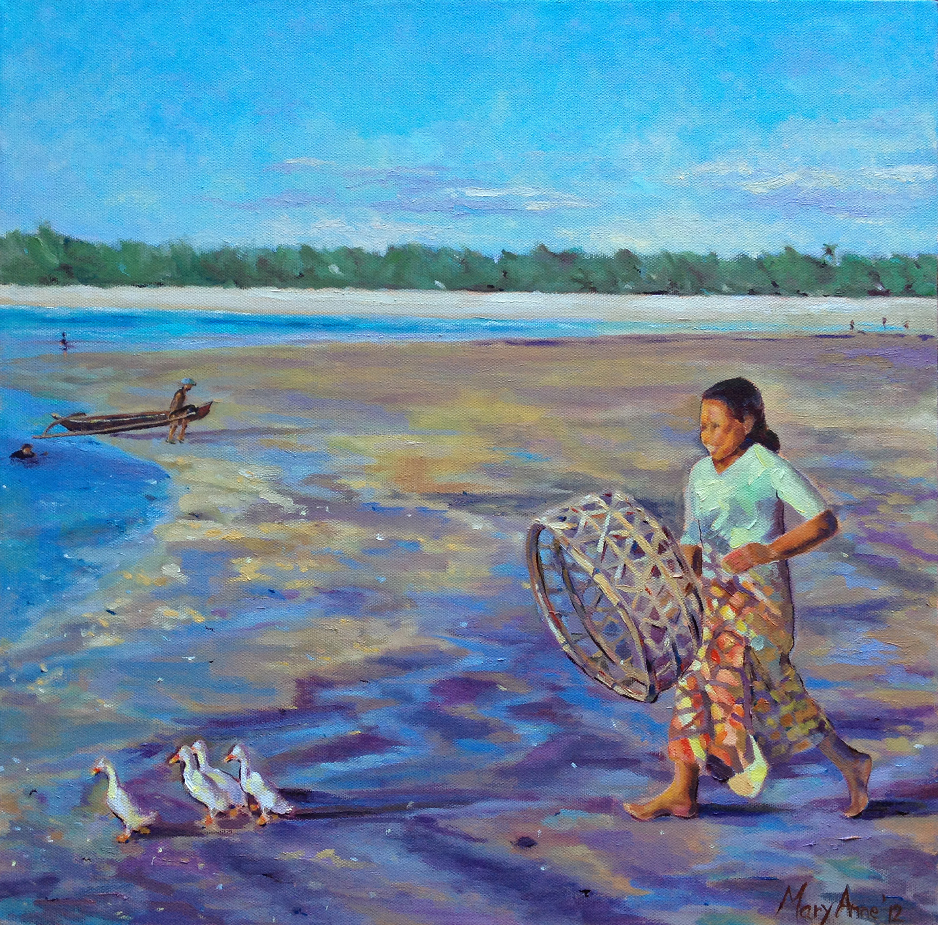 2012-12 Oil 18x18 "Duck Lady-Kuta Beach, Bali 1977"