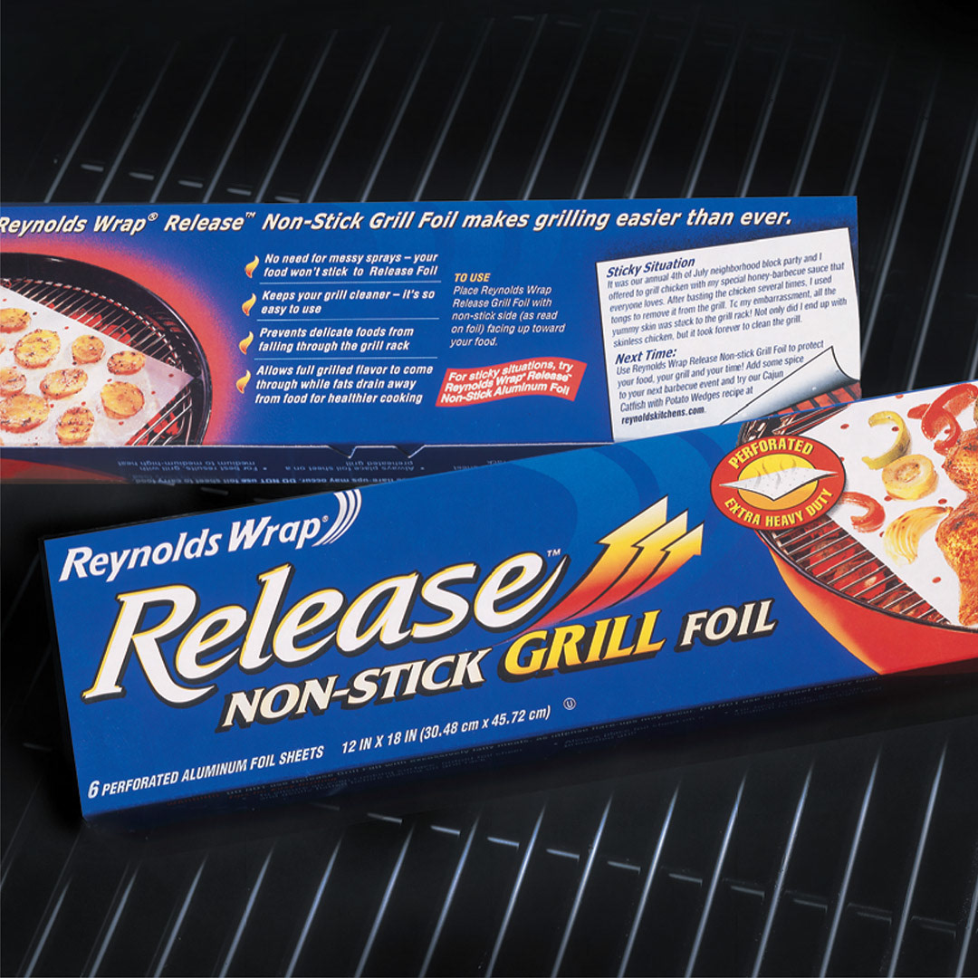Package design for Reynolds Wrap Non-stick grill foil.