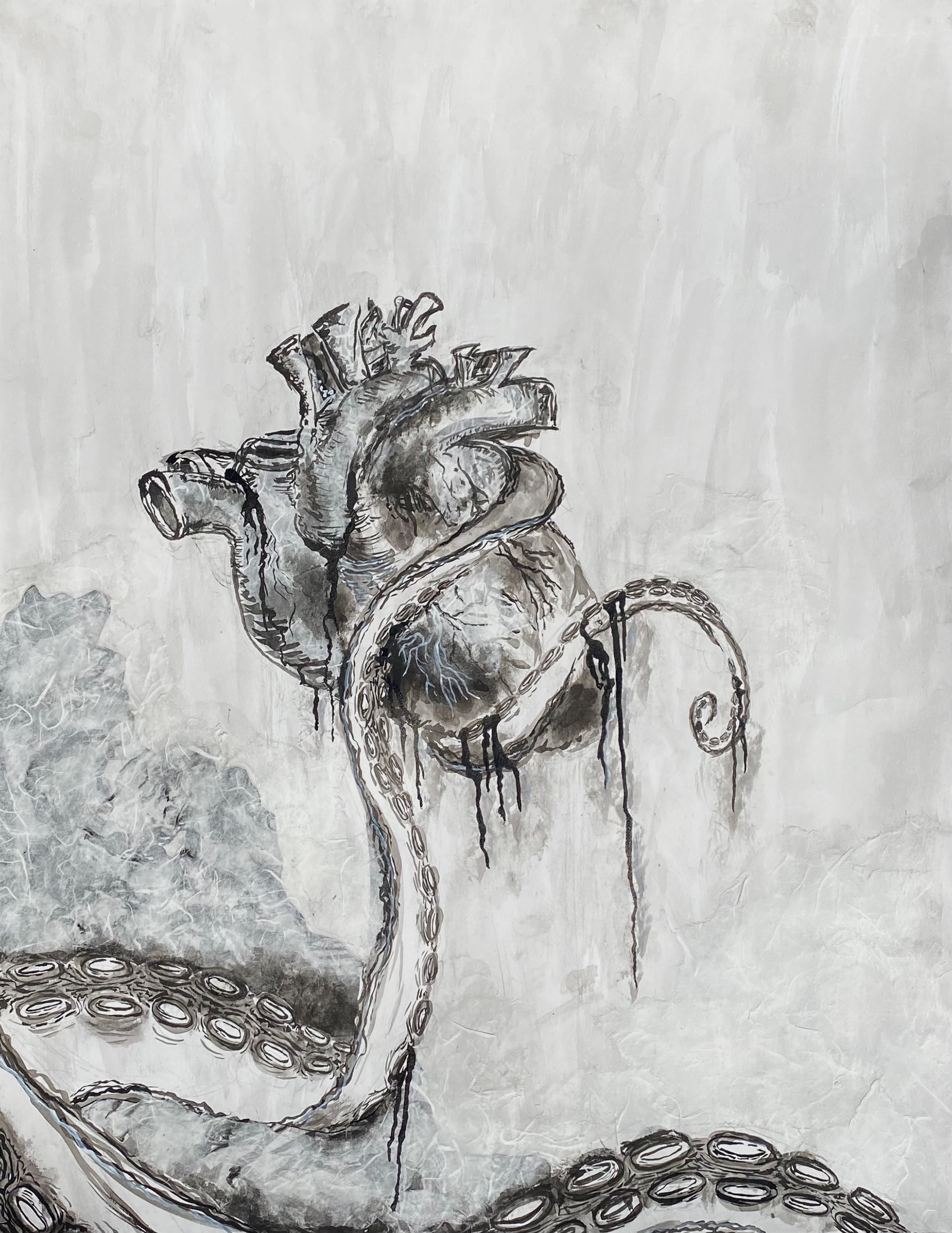Octopus Heart II, Ink, Acrylic, Mulberry Paper and Pencil on Bristol, 2022, 19x24"