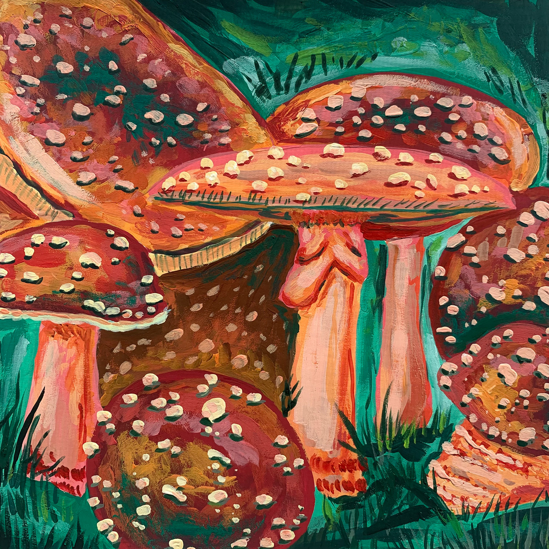 Mushroom Color Study (Triadic), Acrylica Gouache on Bristol, 2021, 8x8"