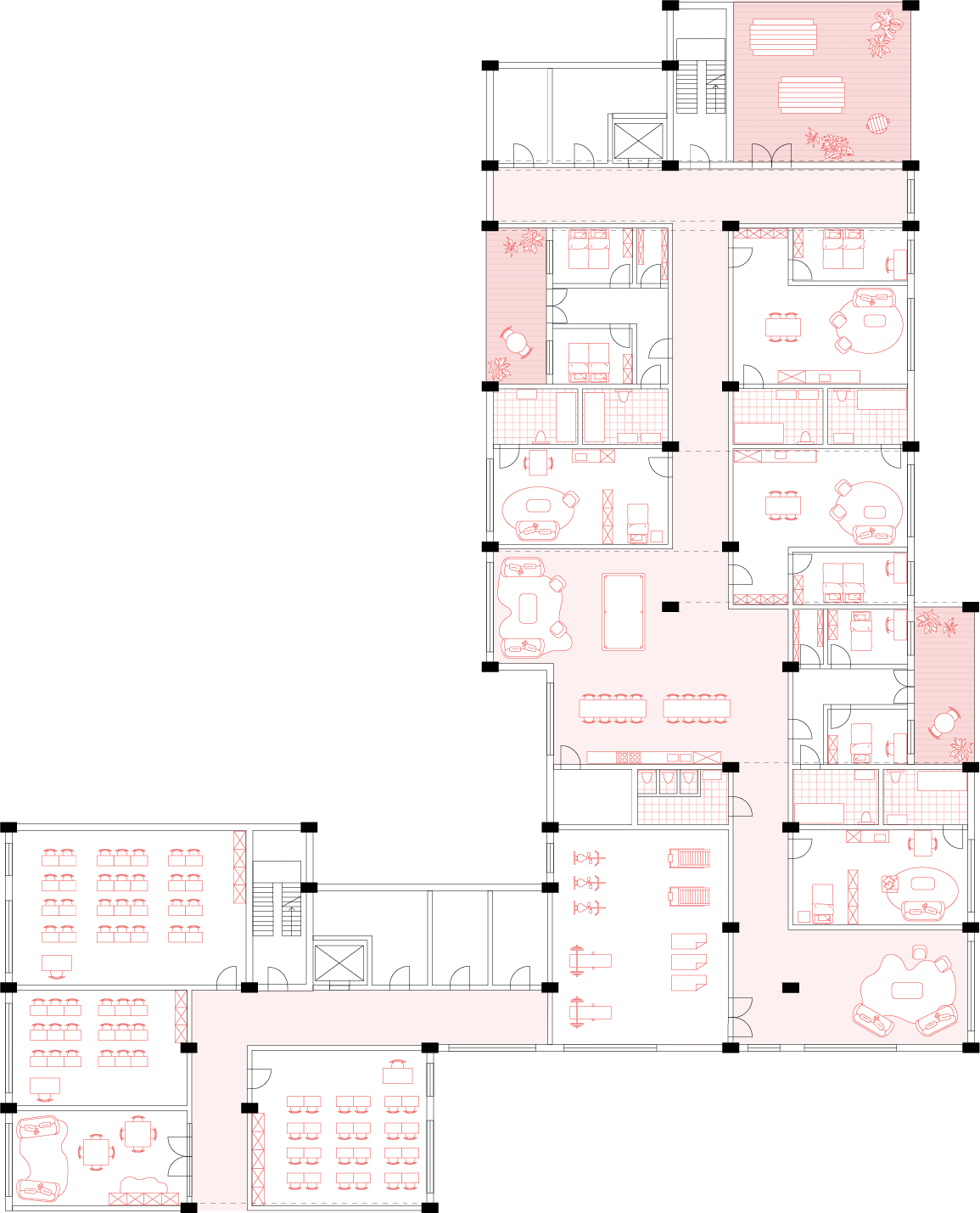 fragment van niveau +2 - indeling school + wonen
