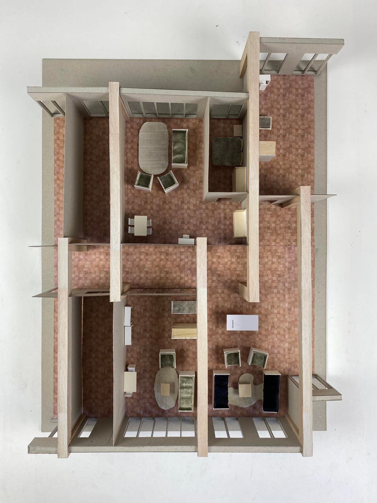 Maquette met wooninvulling - appartement, studio, gedeelde leefruimte