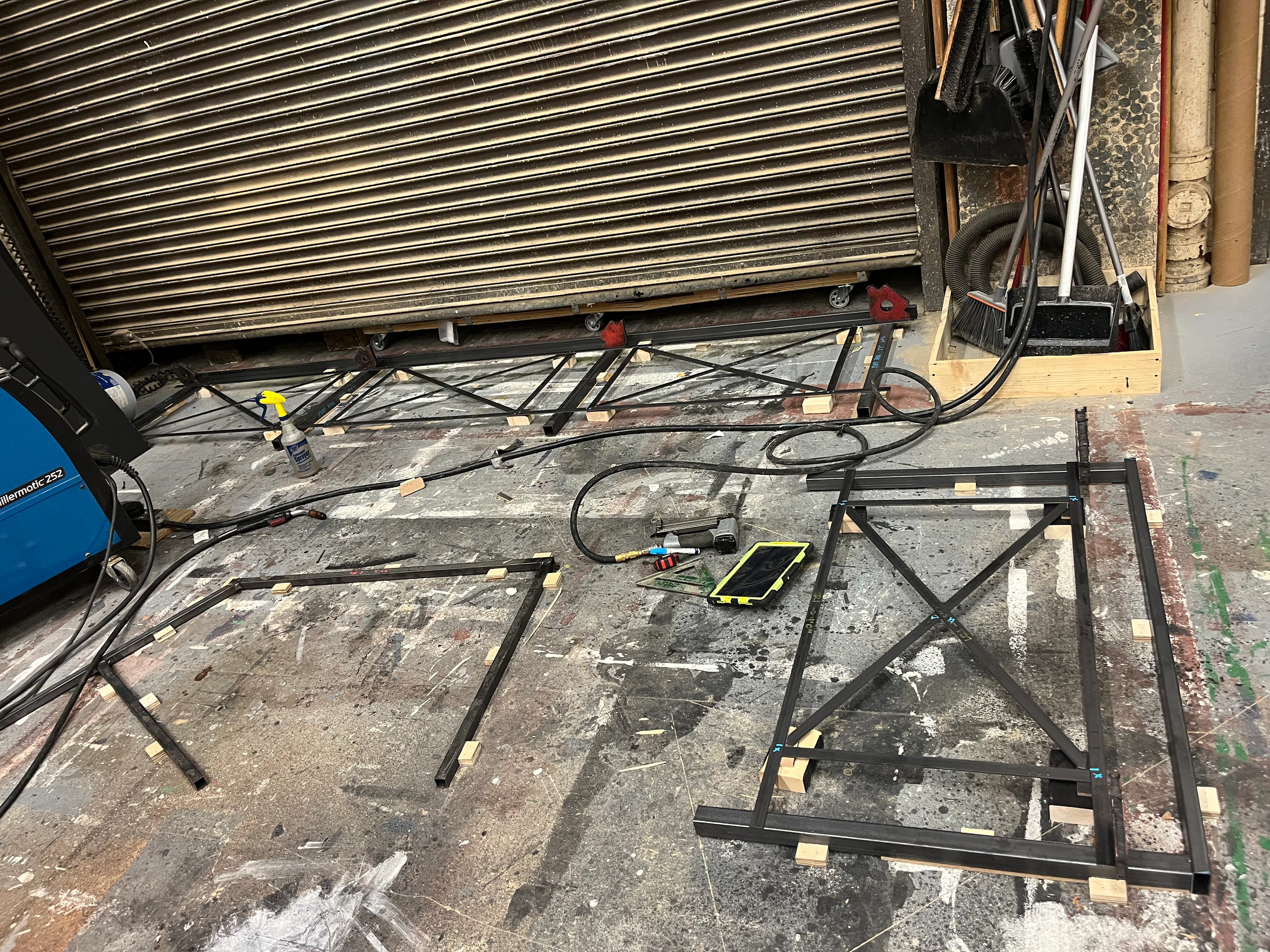 Fire escapes railing in jigs & ready to weld!