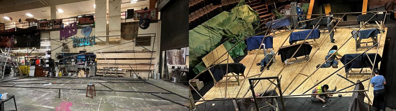 The ceiling was jigged out & welded in two mirroring halves, then bolted together on stage to fly.