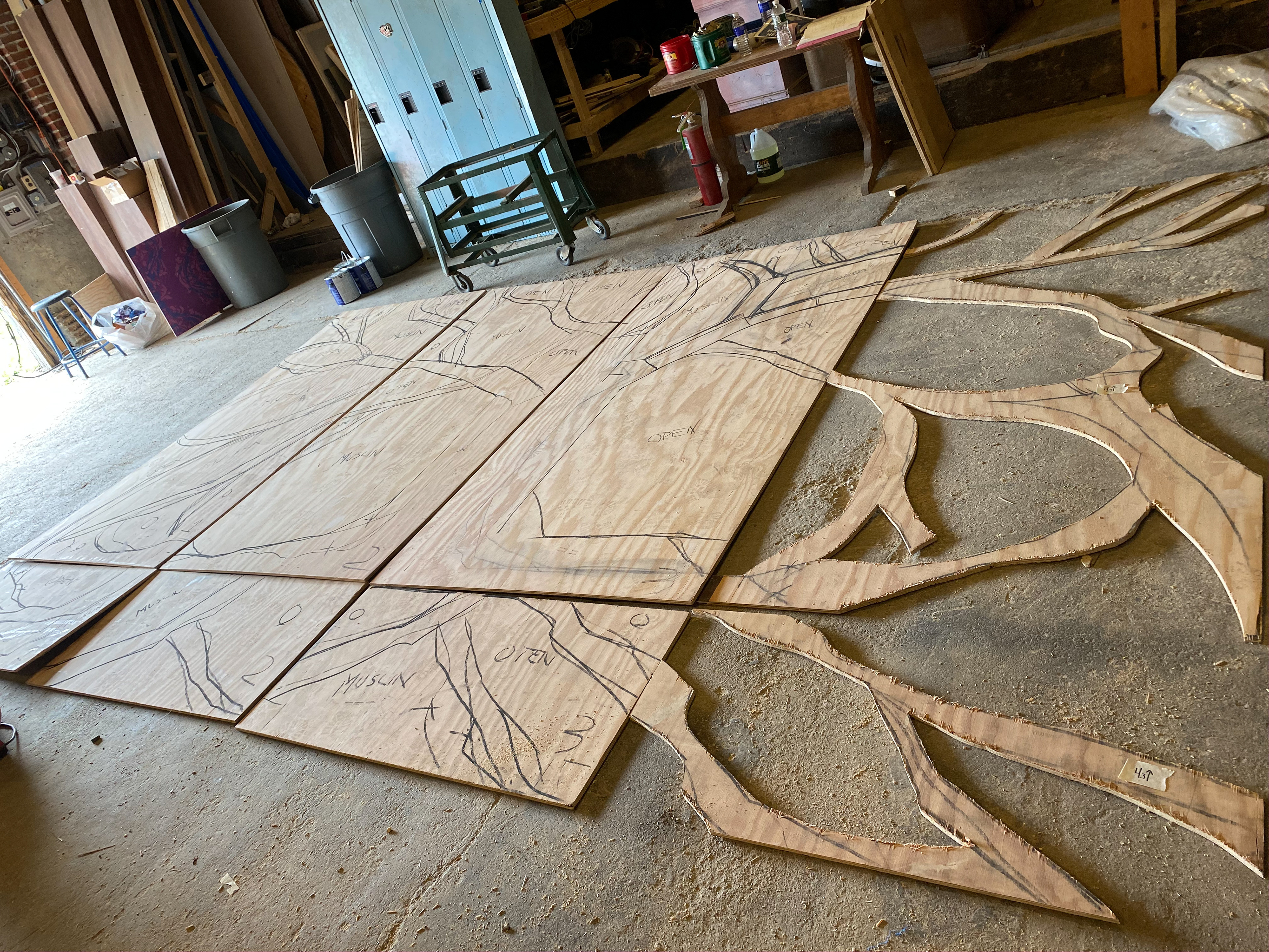 Cut out tree pieces as sketched by designer.