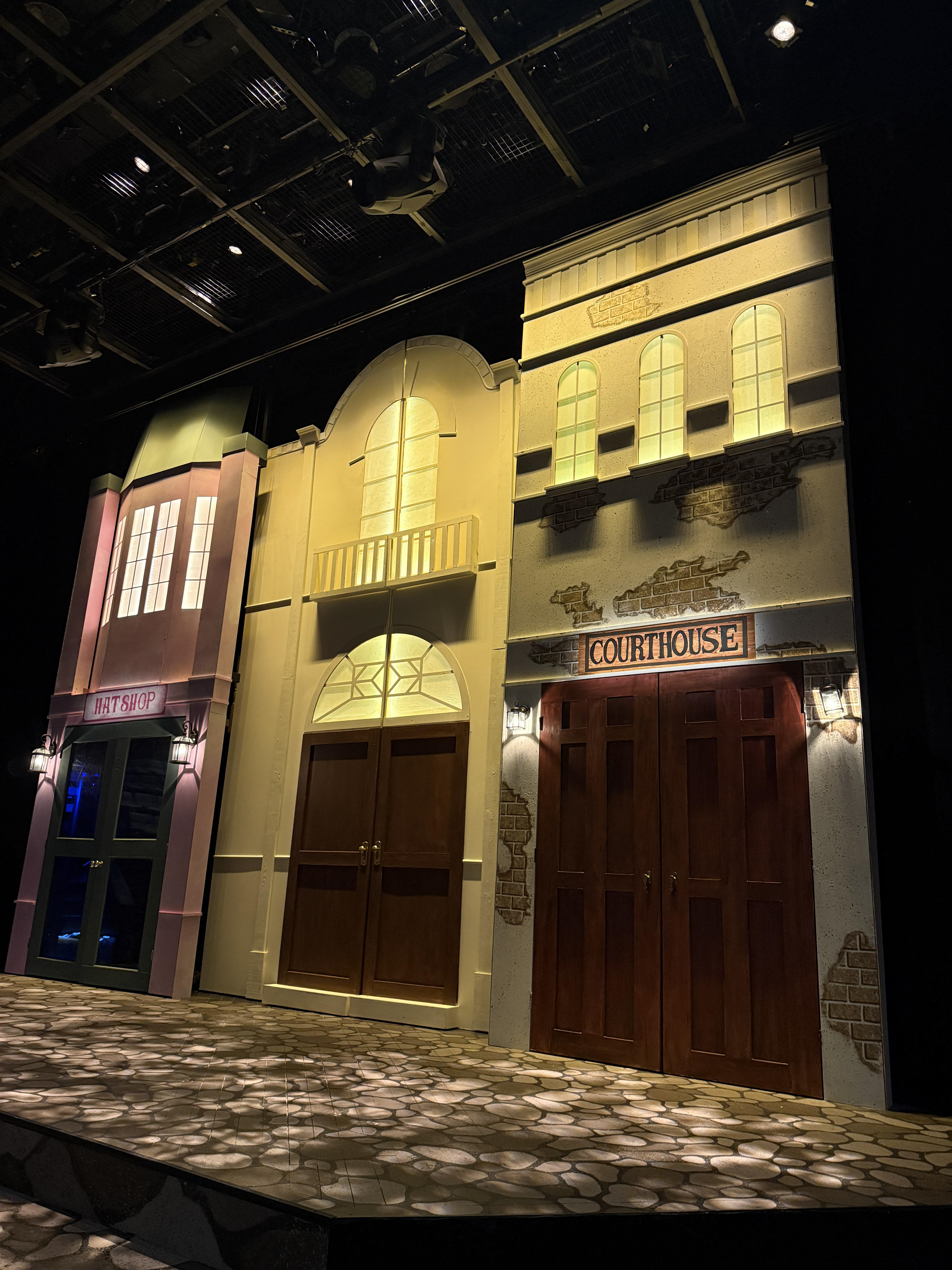 Closeup on buildings in intermission lighting