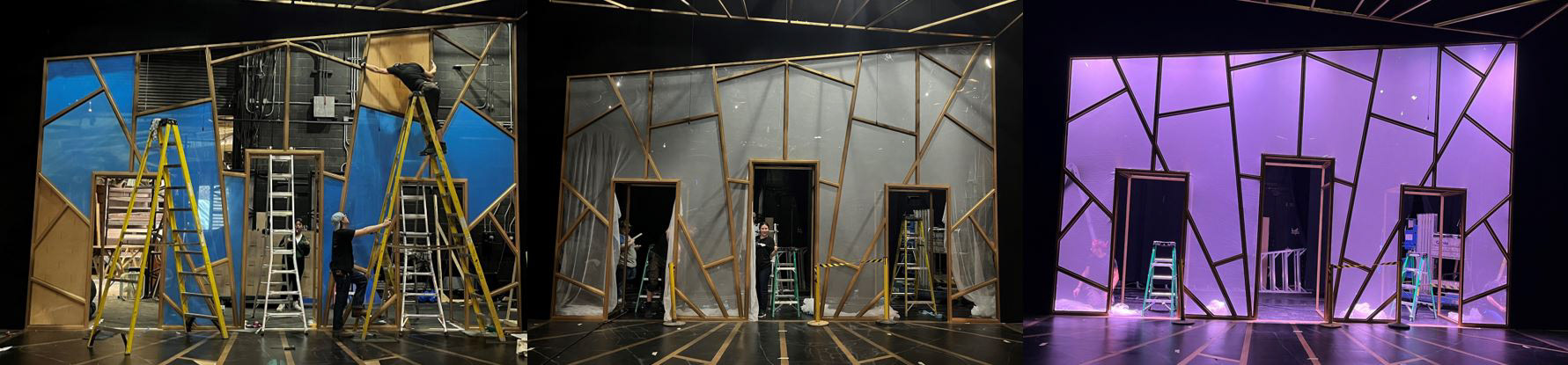 1) Plexiglass cut to fit & added to the wall in space. 2) Bobinette was secured to the top of the unit upstage of the plexi, then doorways were cut out. 3) Bobinette was stretched and secured at the bottom of the unit & around doorways.