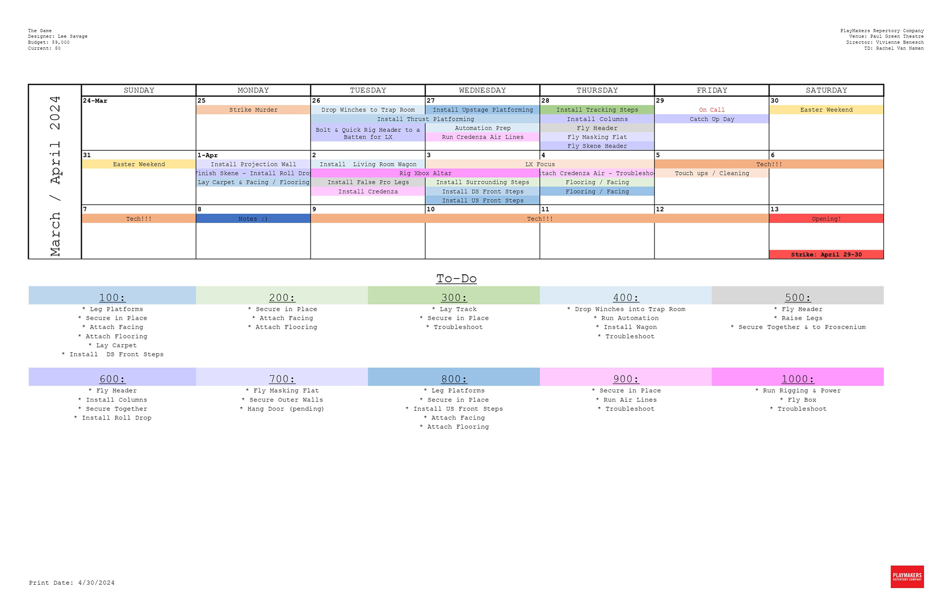 Initial Load-in Calendar & Work List