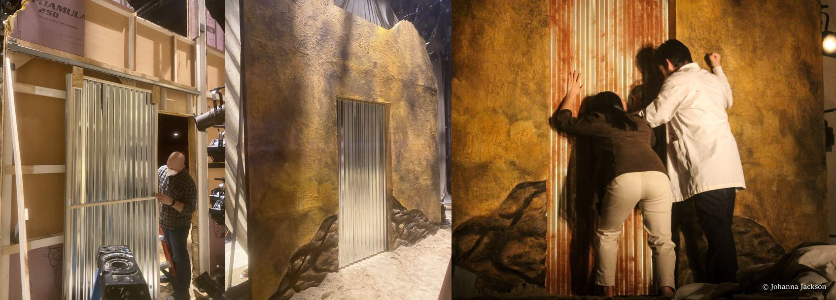 Sliding Door was constructed from two panels of corrugated metal with thin wooden framing for structure. The sliding mechanism was Unistrut channel and carriers.
