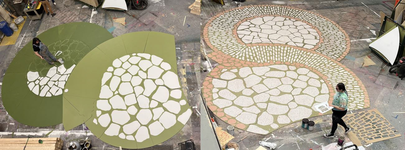 CNC files for the flooring were created to help hide the seams by placing them in the grout lines of the stonework. The grout lines were traced in AutoCAD from the paint elevatyions, then the seams were utilized as a reference when drawing in the stonework. For the bricks, stencils were CNC-ed to create a repeating pattern. (Drafting linked above)