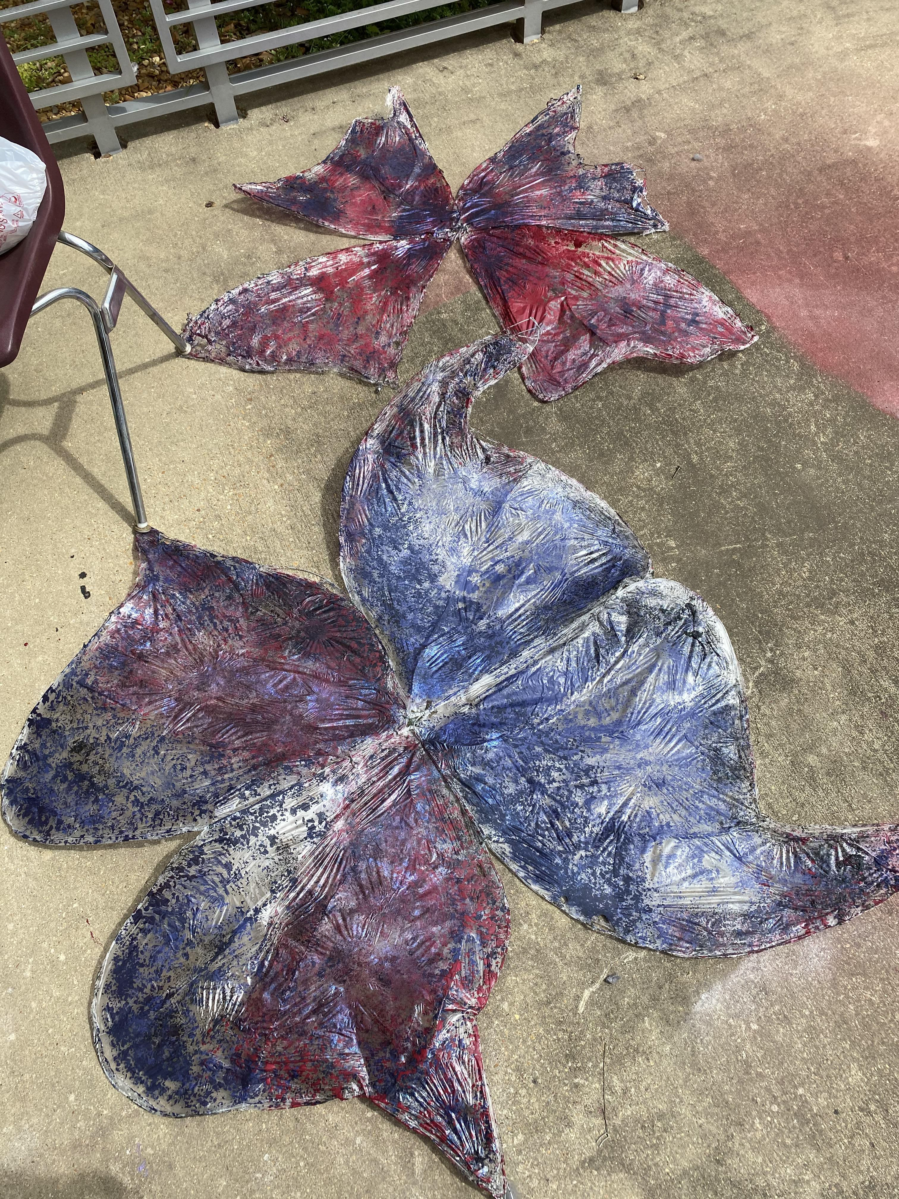 Wire structures were then sandwiched between two layers of cellophane and a heat gun was used to "shrink wrap" together. Drafts & initial sketches of wings linked above.