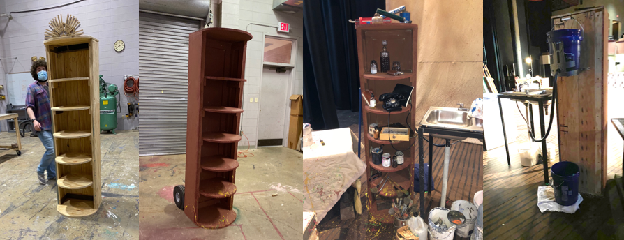 Gravity sink was used to provide running water on stage during performance. (Drafting for bookshelf and sink frame linked above.) (Video of running water below)