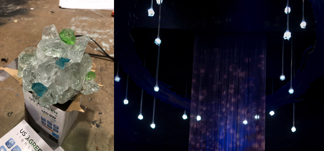Bulbs were covered in crystals and then wrapped in medical gauze to create a "dripping" effect.