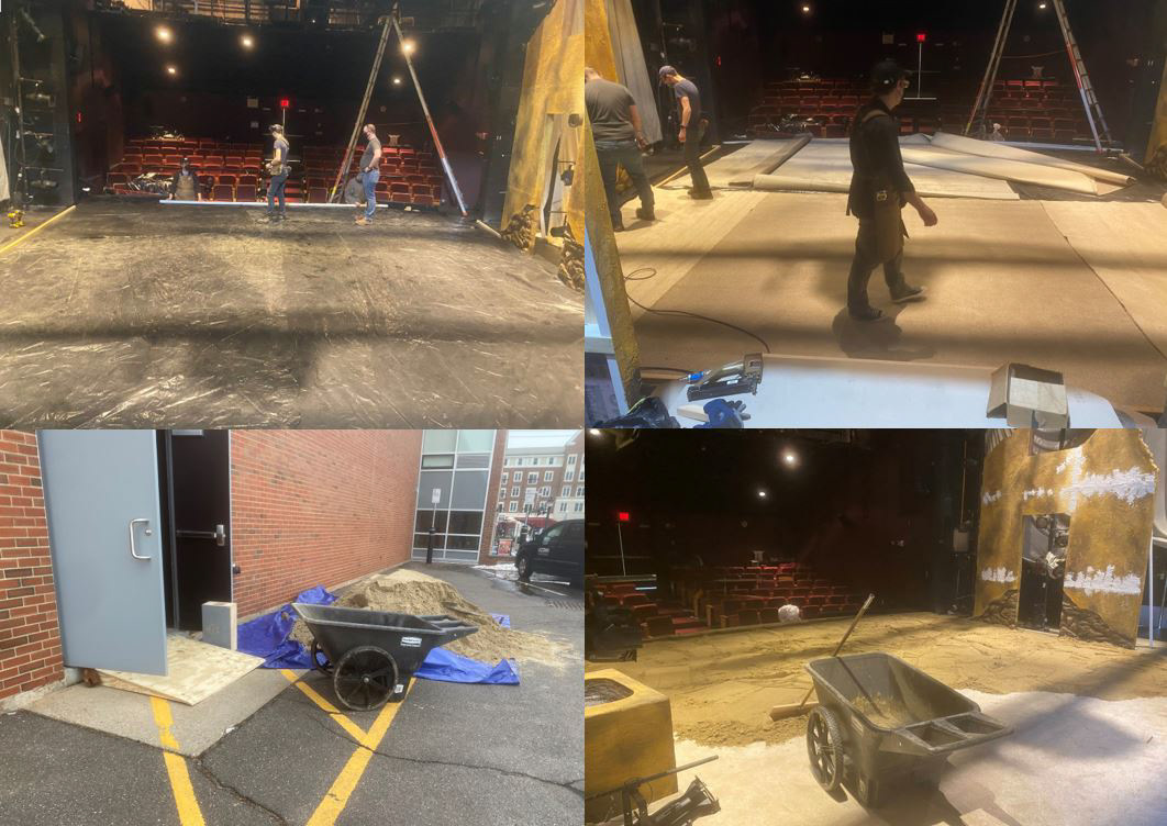 (1) Layer of Visqueen taped to stage deck. (2) Carpet Squares stapled to floor. (3) Perimeter of 2x2 to establish border. (4) Sand wheeled and shoveled in.