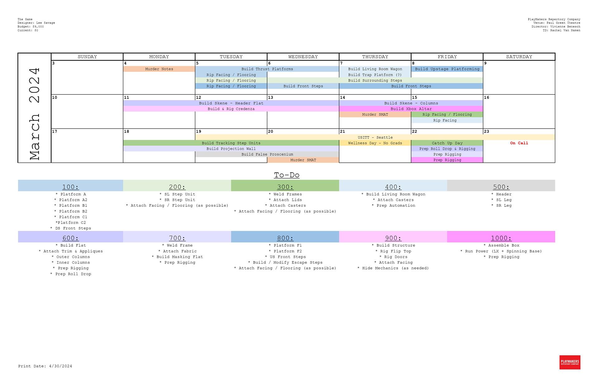 Initial Build Calendar & Work List