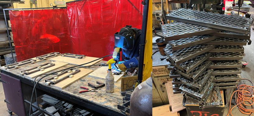 Stair treads: frames were mass produced by one welder with another welder adding expanded steel lids