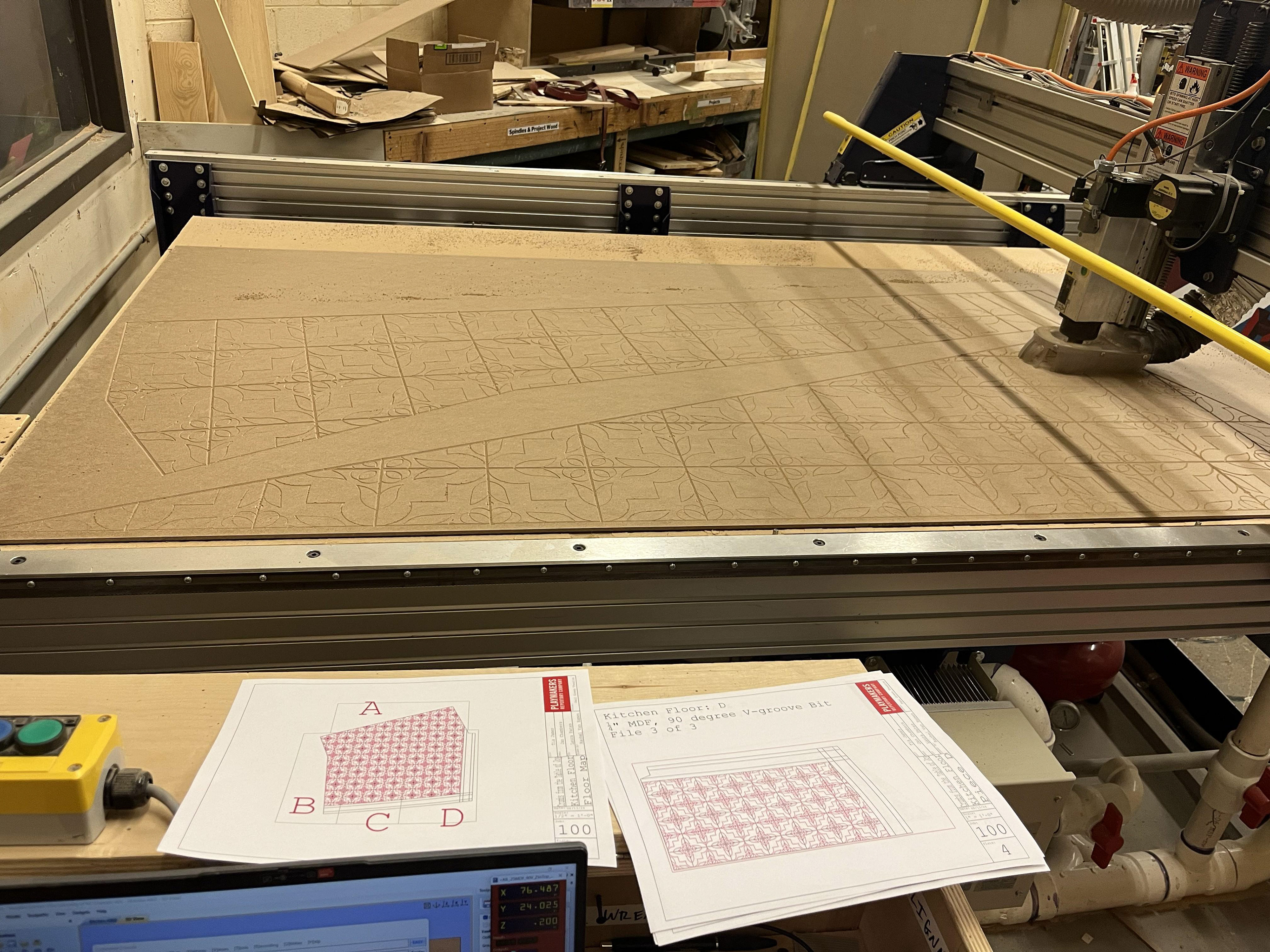 CNC used to etch the pattern of the kitchen floor tile as a template for paints