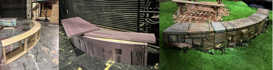 Constructed frame and added base layer of foam for paints to build up and carve rock wall. (Drafting linked above)