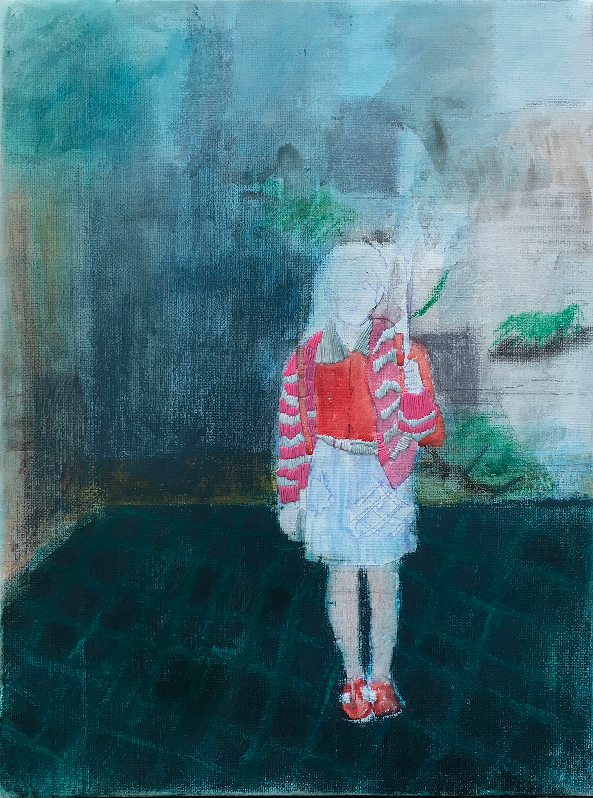 jdu do školy / akryl, suchý pastel a výšivka na plátně / 40x65cm