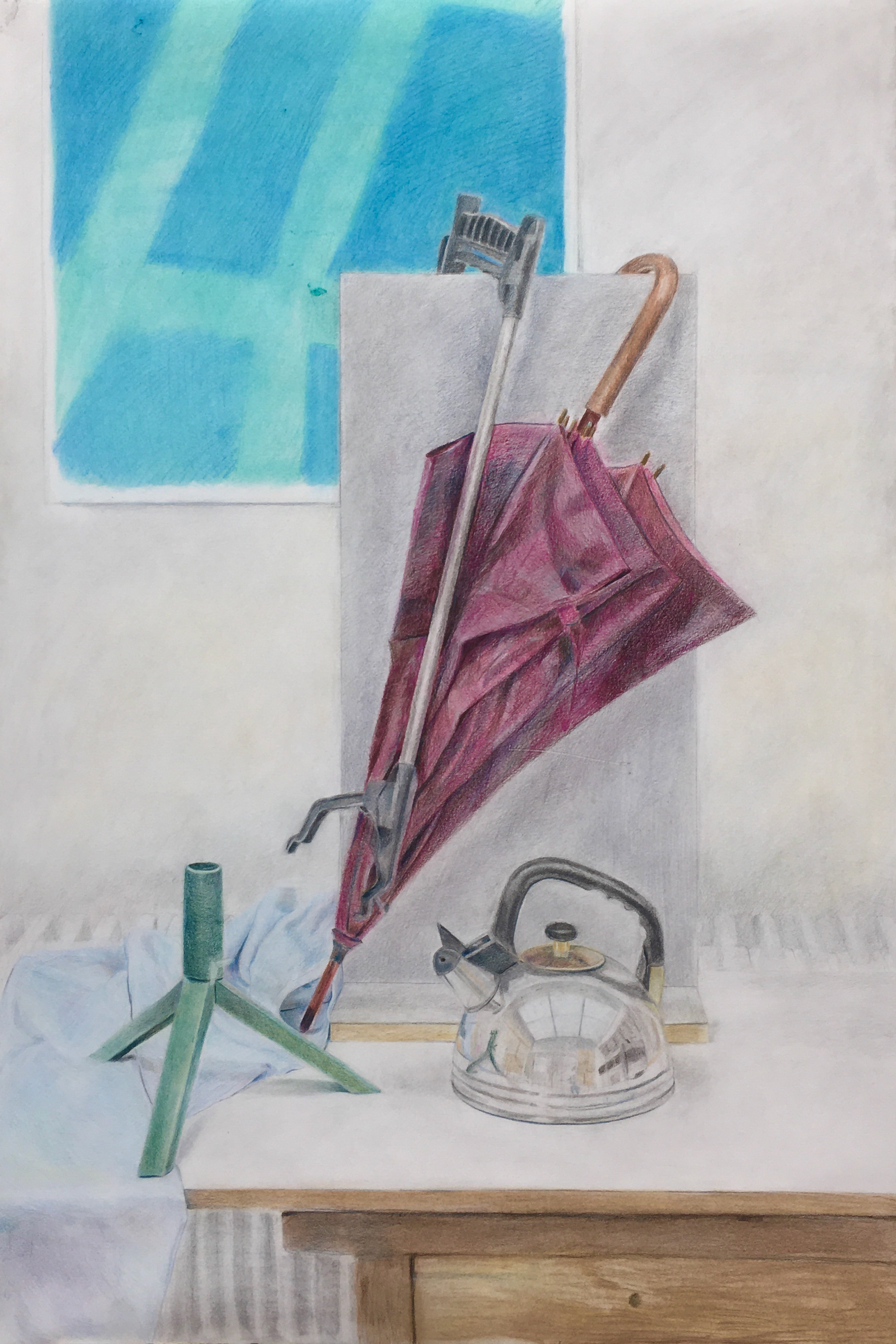 školní zátiší / pastelka a suchý pastel / 100x70cm /