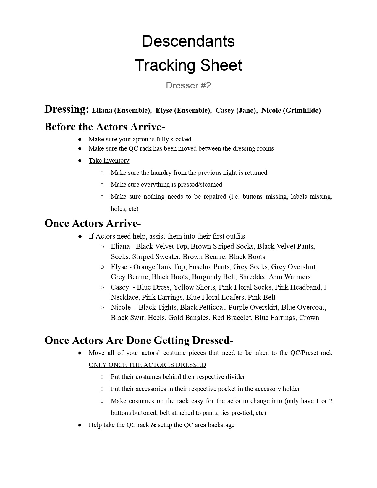 Tracking Sheet Made for Dressers