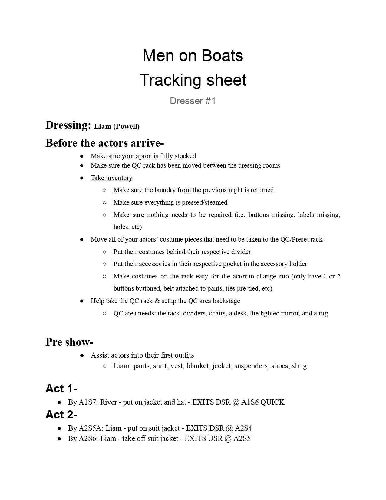 Tracking Sheet Made for Dressers