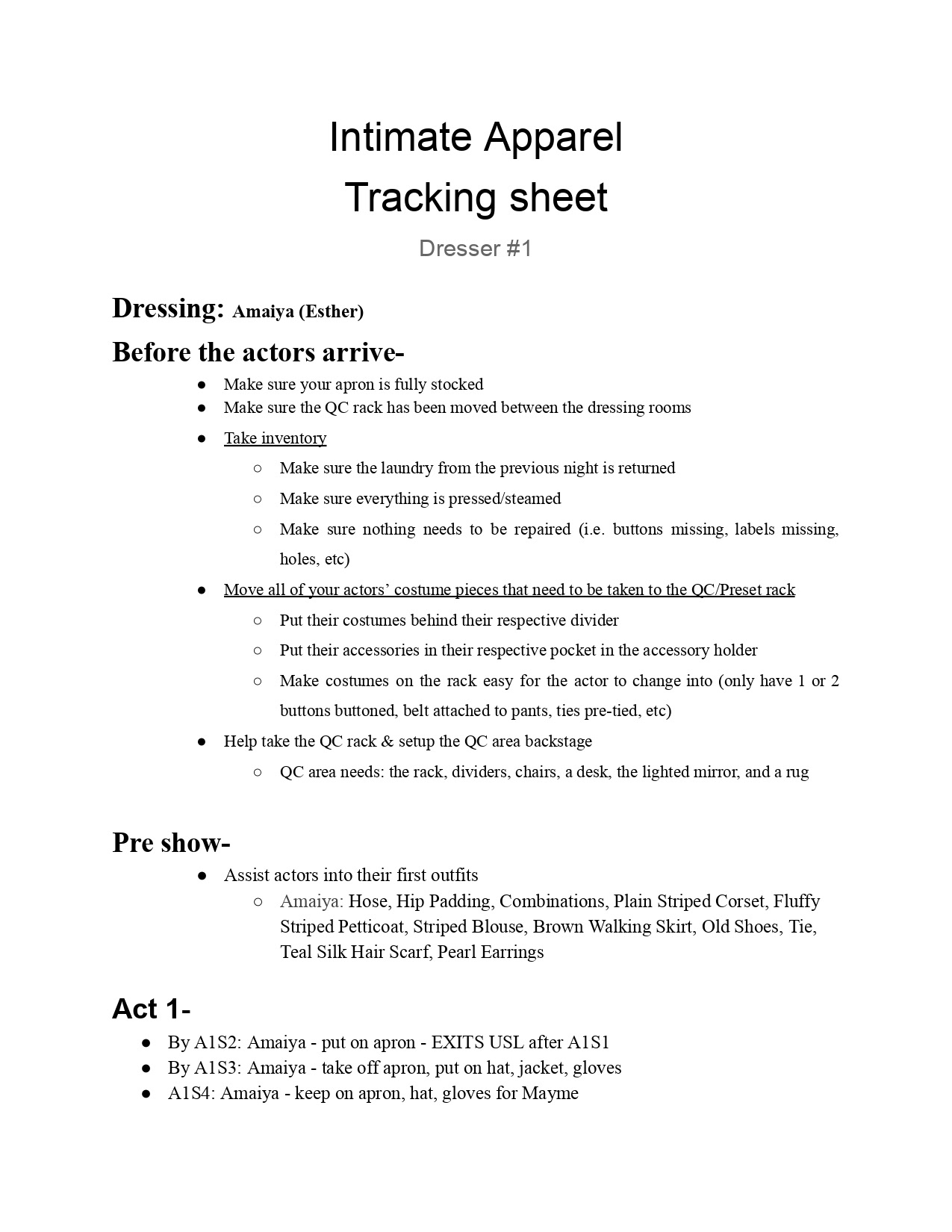 Tracking Sheet Made for Dressers