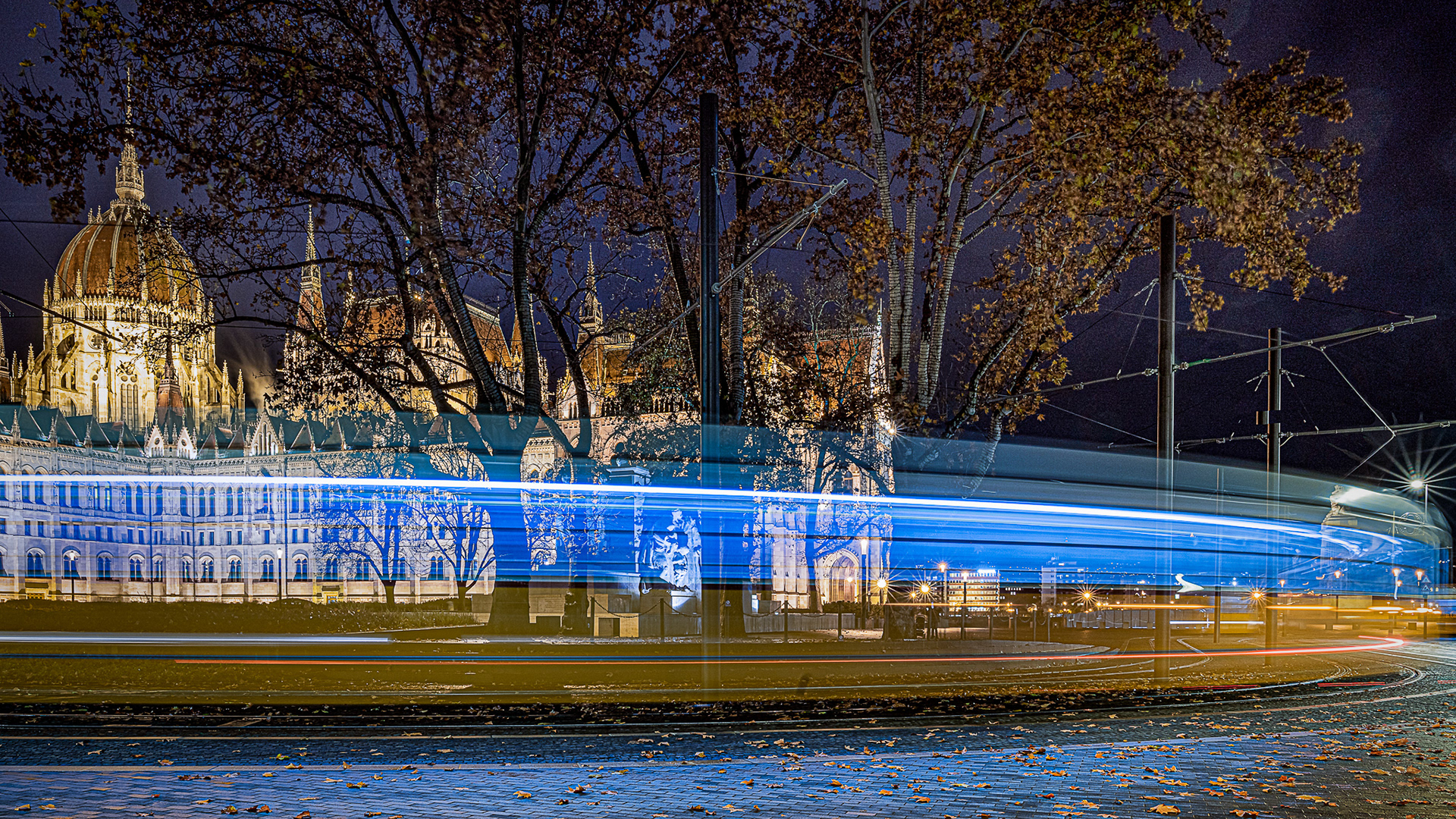 Xmas Tram trails - House of Parliament in the background 