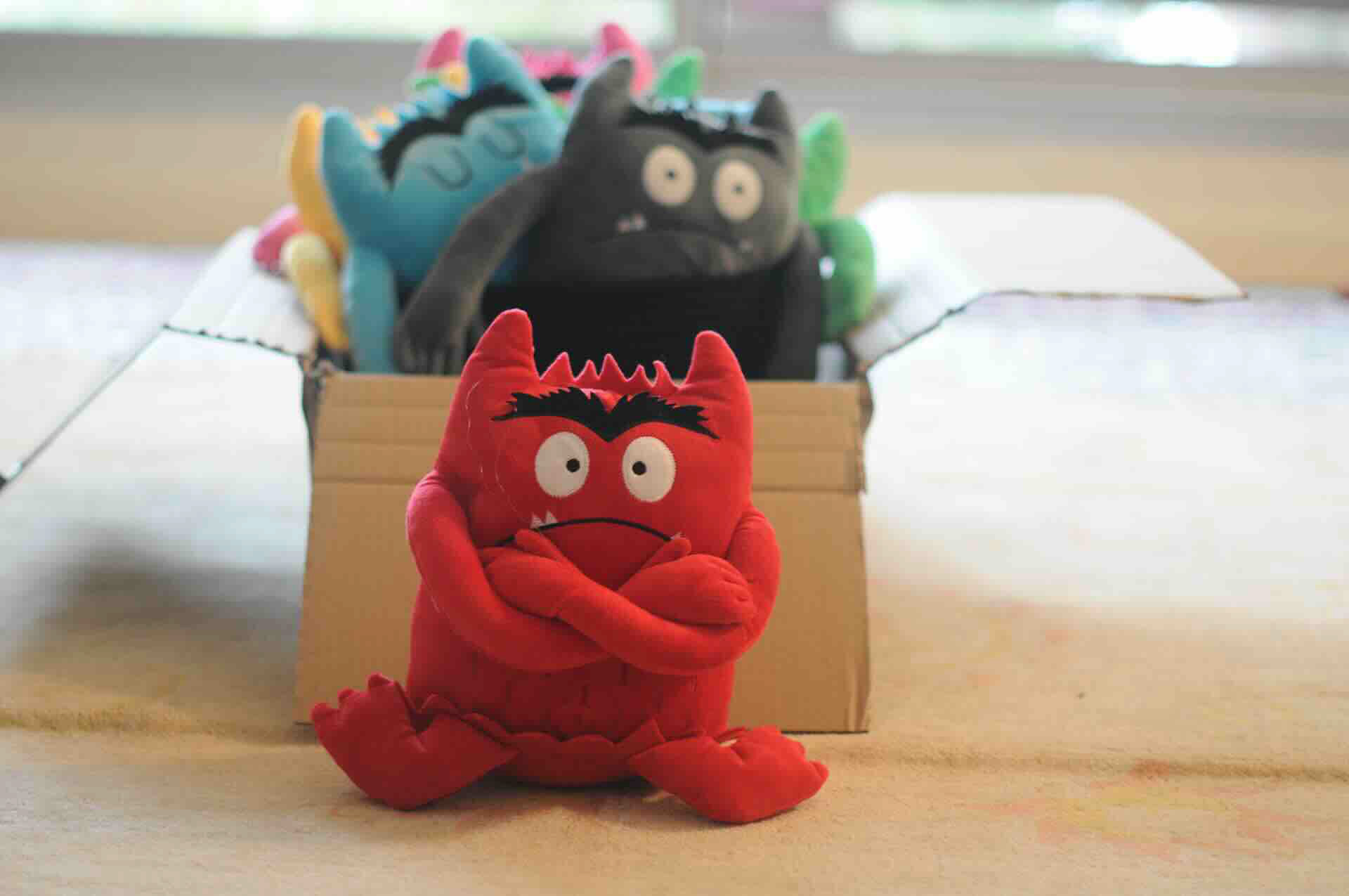 Peluches représentant différentes émotions utilisées pour aider les enfants à reconnaître et comprendre leurs émotions