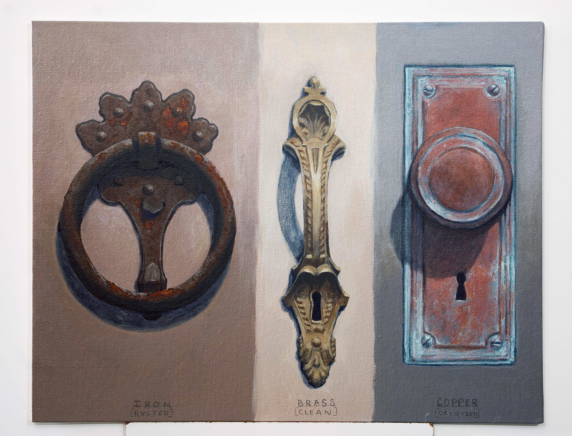 Trompe L'oeil Door Handles (iron, brass, copper) | Acrylic on Panel | 14" x 11"