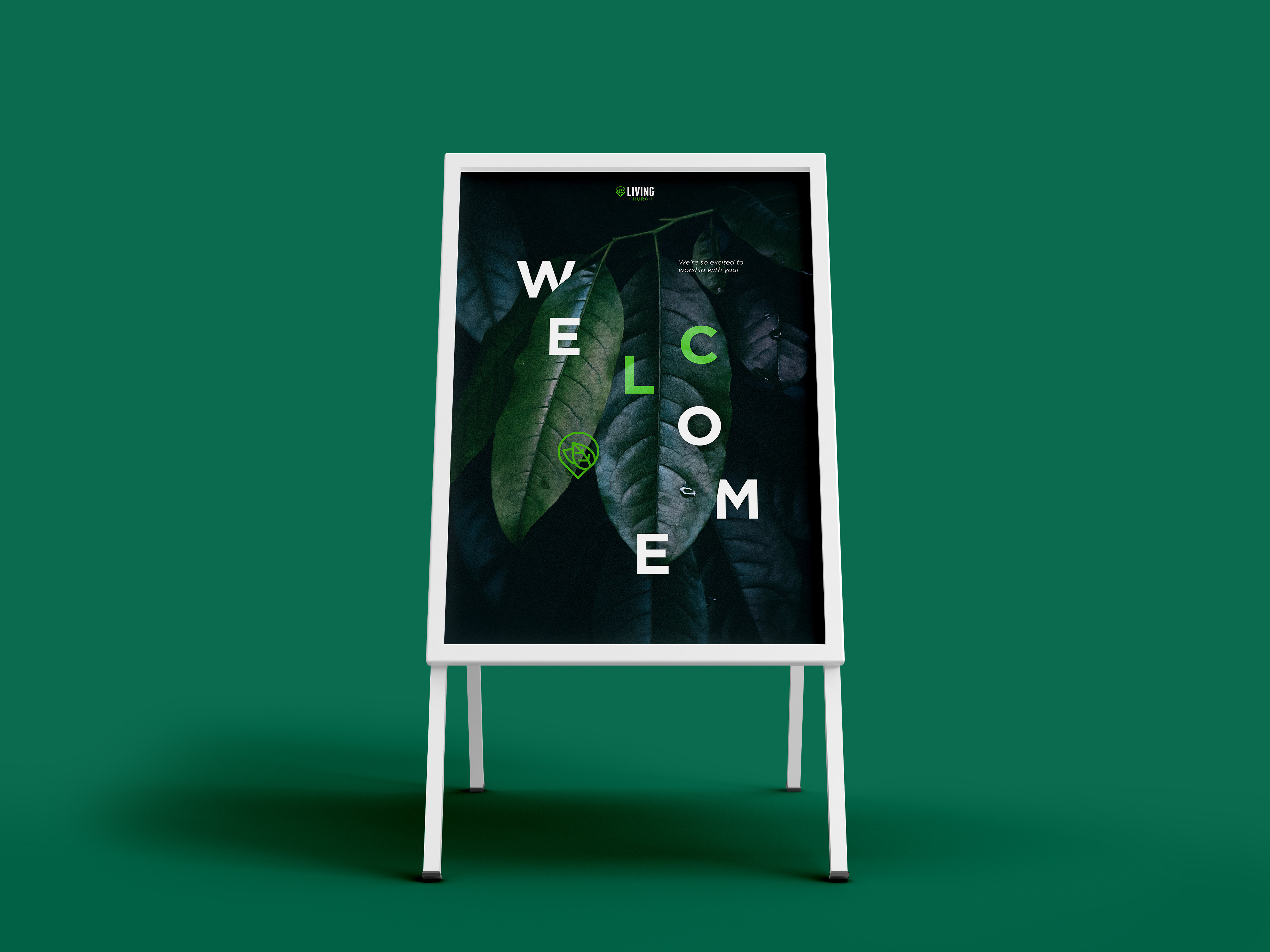 [Living Church] A-frame sign, welcome,  with dark green background