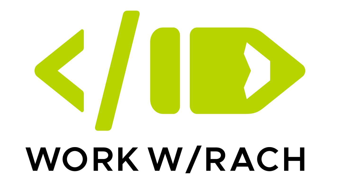 Logo icon green end code bracket on left and a pencil on the right. The words “Work W/ Rach” underneath.