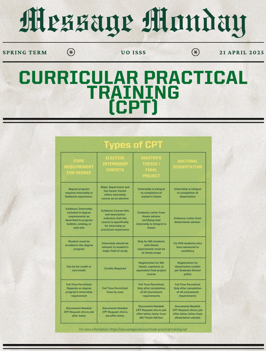 Are you eligible to apply for CPT? Here’s a guide to help you apply and see which type is the right fit for you.  #UOISSS #UOregon #InternationalStudents