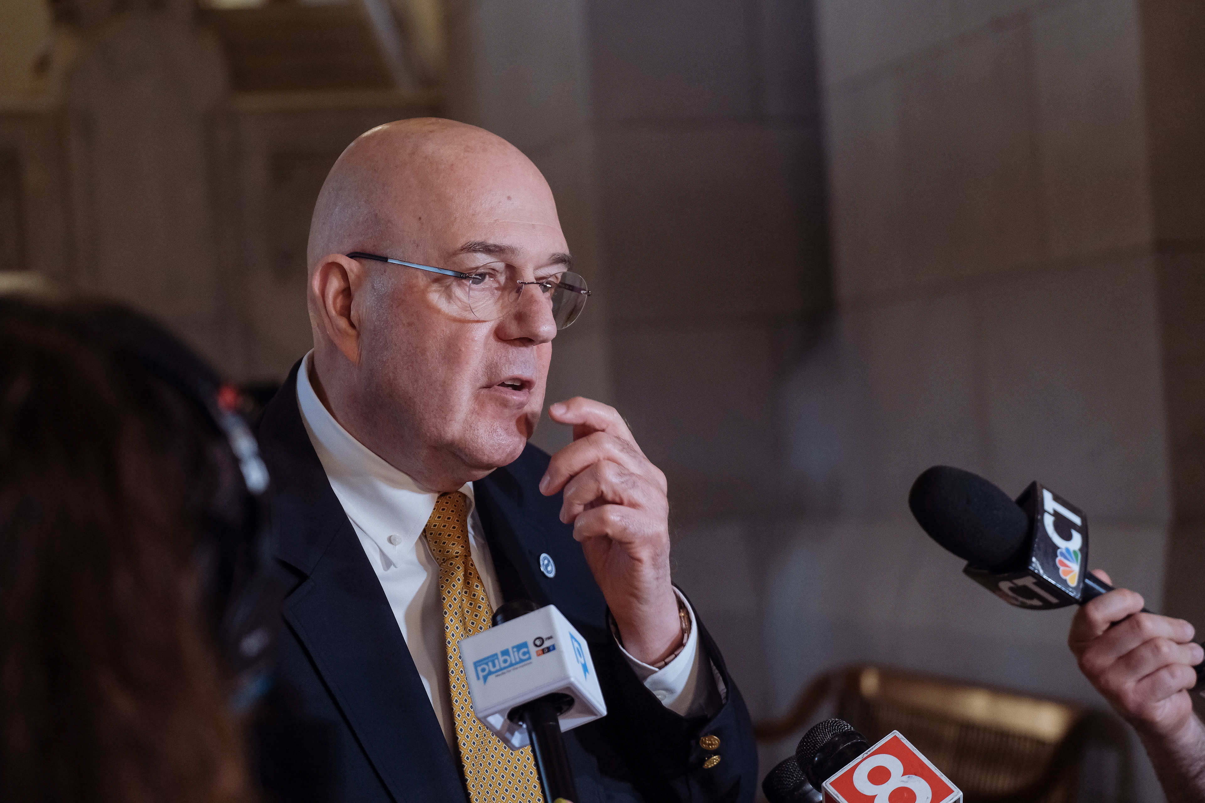 Larry Bingaman, president of South Central Connecticut Regional Water Authority, speaking to the press during a senate bill session in Hartford on Wednesday, June 26, 2024.