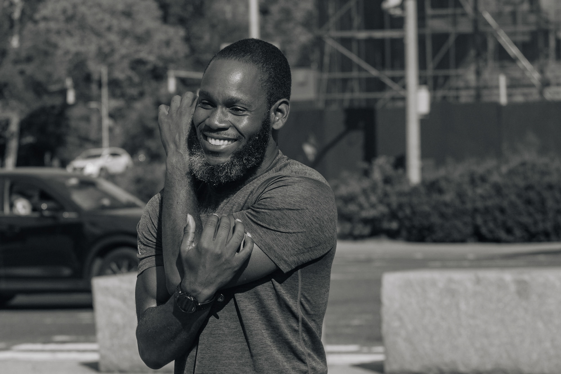Black Men Run NYC club member, Richard Scott, stretches with joy after the club's 3 mile run in Prospect Parkin Brooklyn, Sunday, Oct. 15, 2023, Photo Tabius McCoy