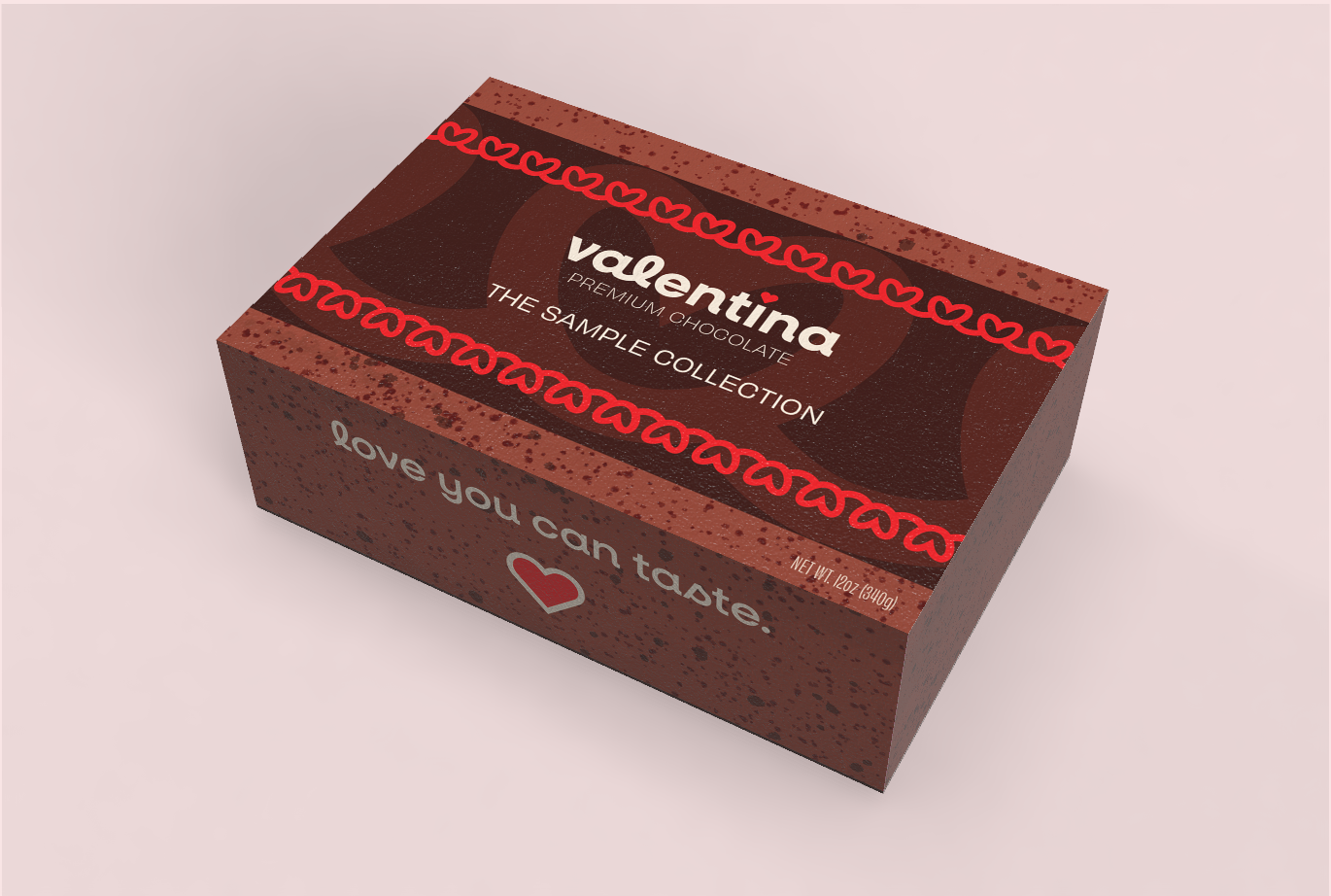 Front of promotional box, featuring the slogan and heart-shaped lace pattern.