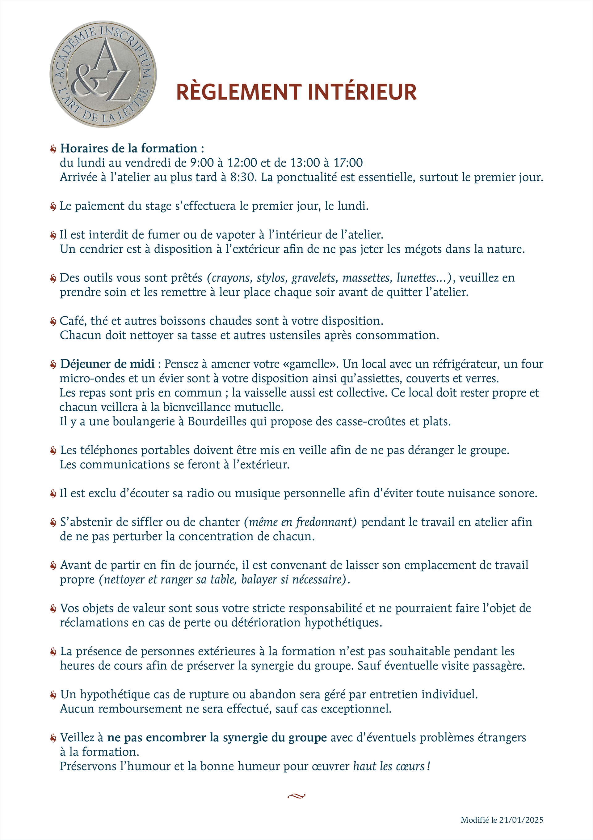 Règlement intérieur atelier
