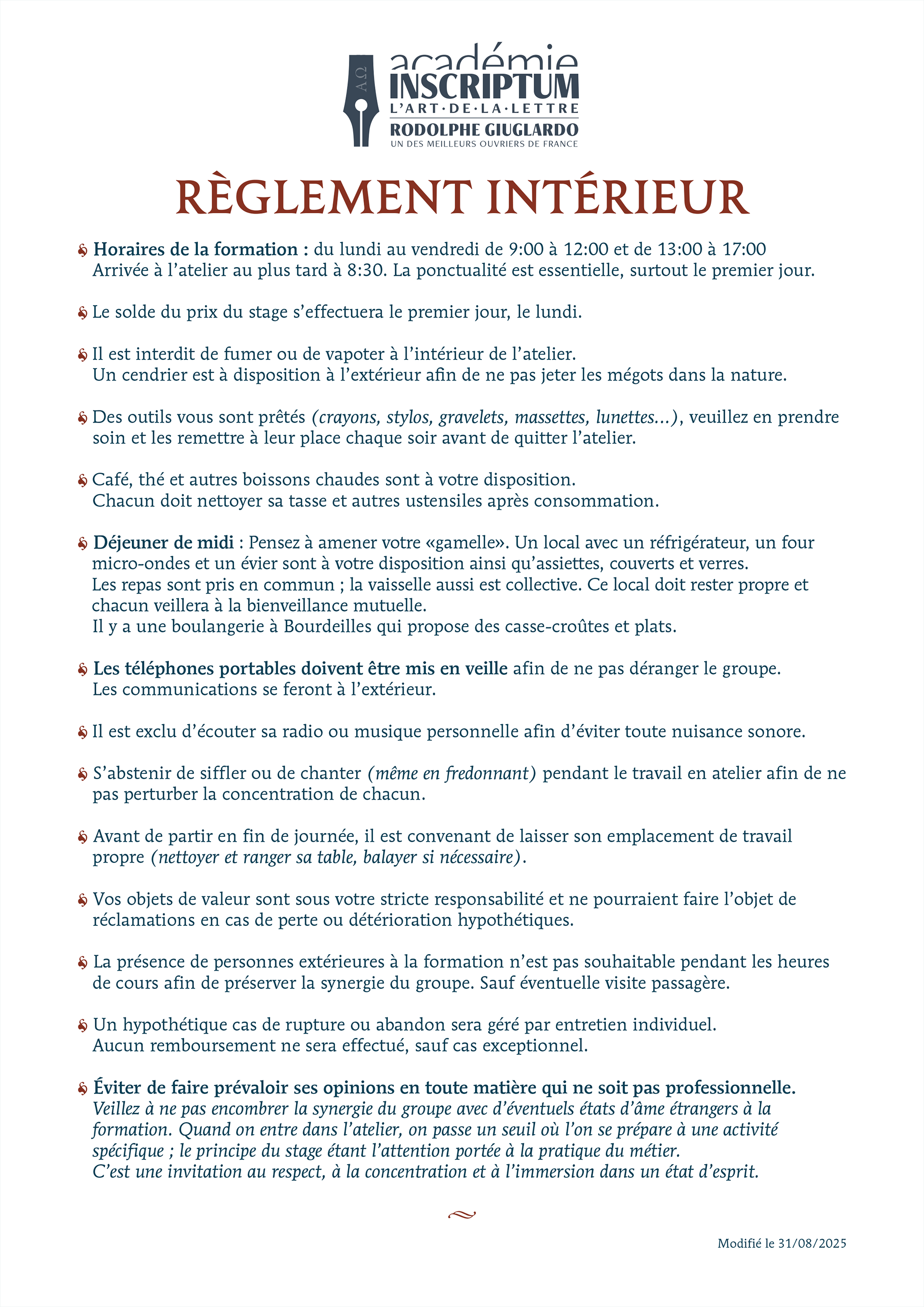 Règlement intérieur atelier
