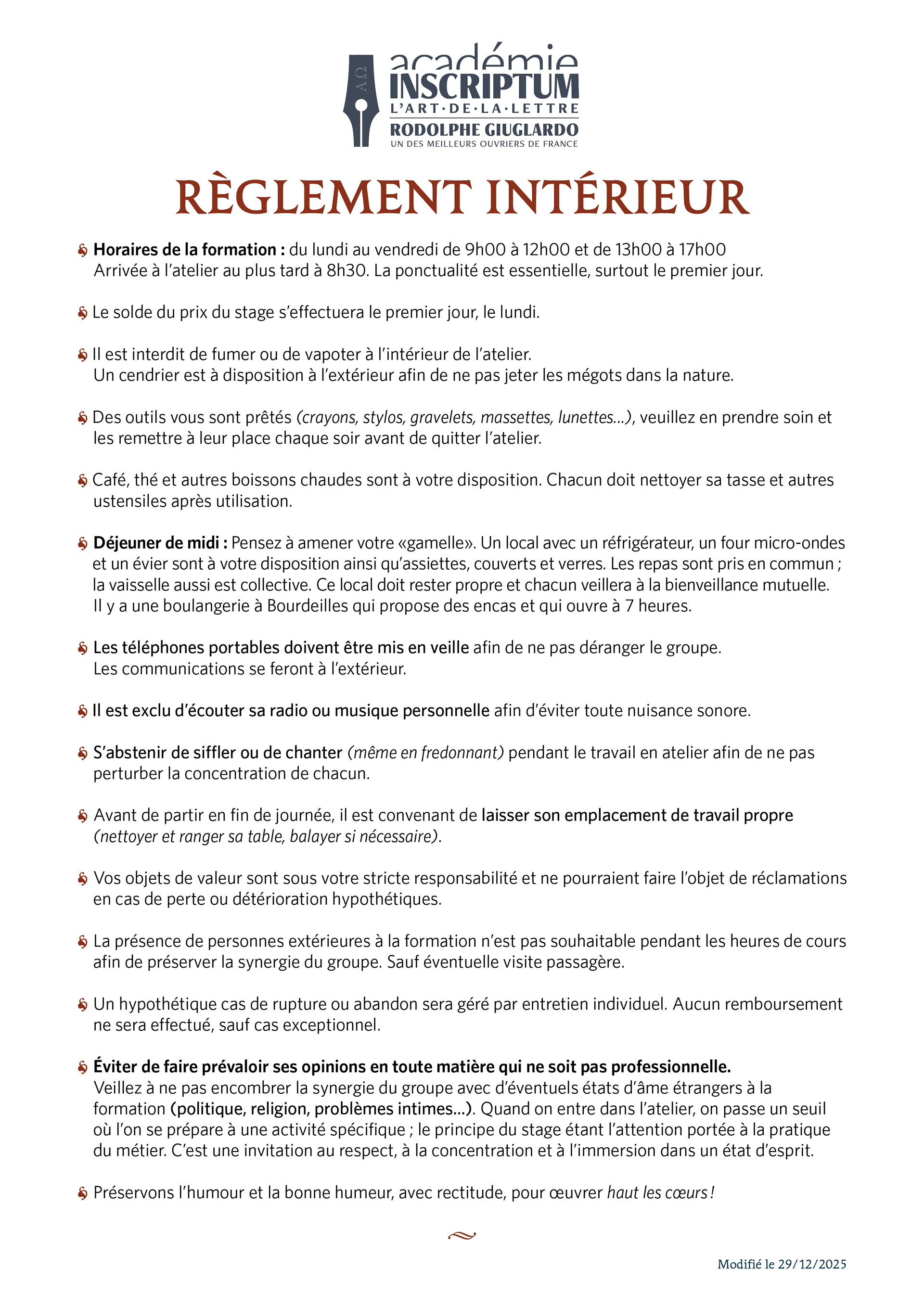 Règlement intérieur atelier