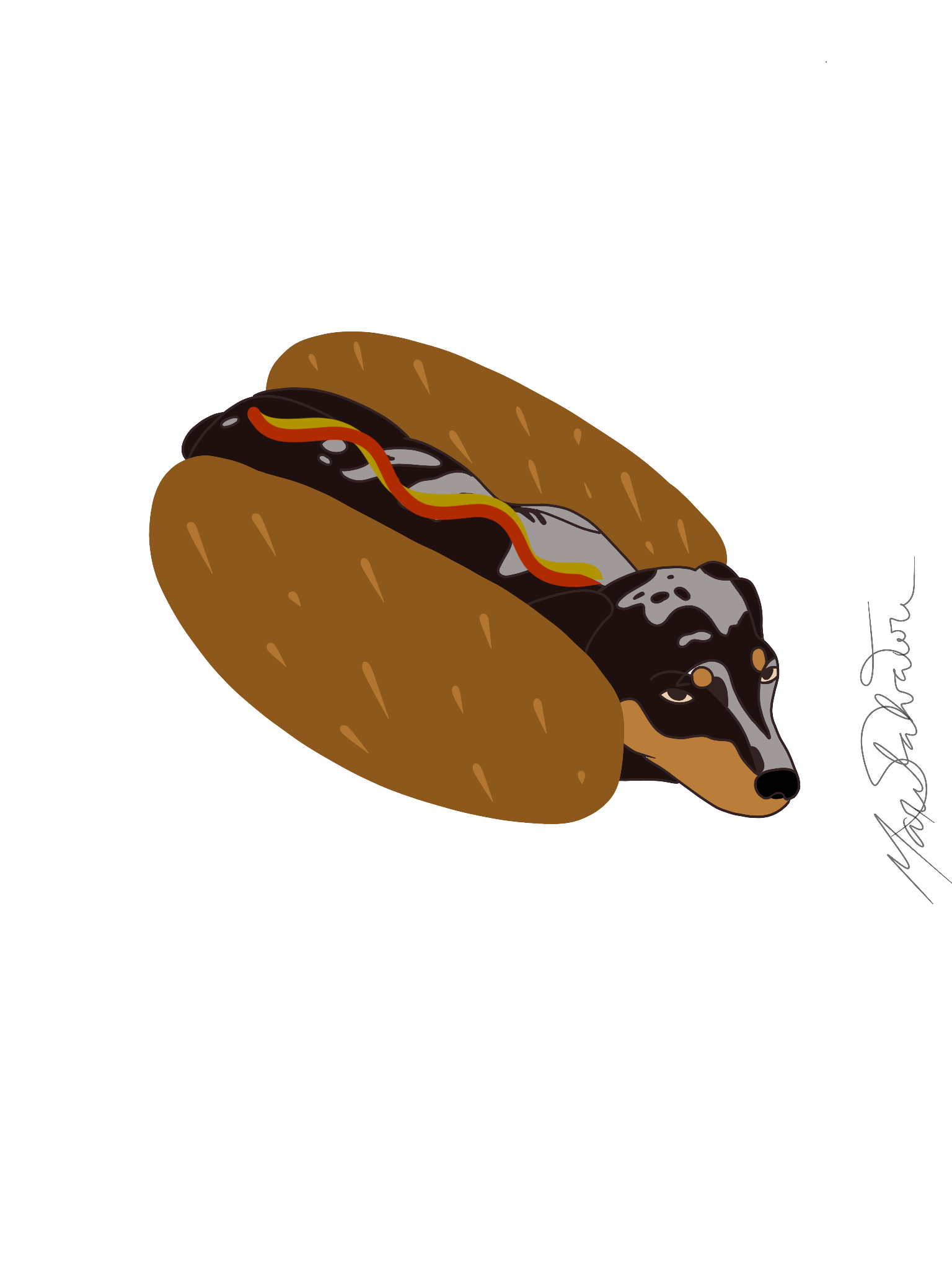 Ilustração cômica de cachorro salsicha dentro de pão.