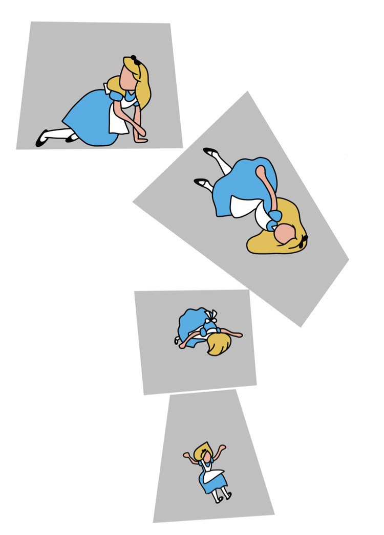 Ilustração de sequência e movimento de Alice no País das Maravilhas para matéria de Linguagem em Comunicação Visual.