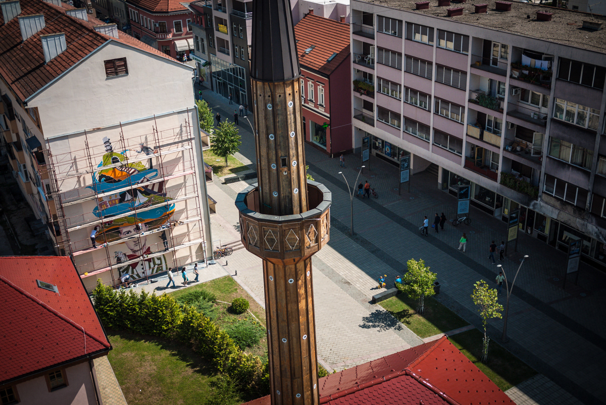 The view at the center of Prijedor where the first Mural Award winning entry was being painted. PhotoCredit: Igor Motl