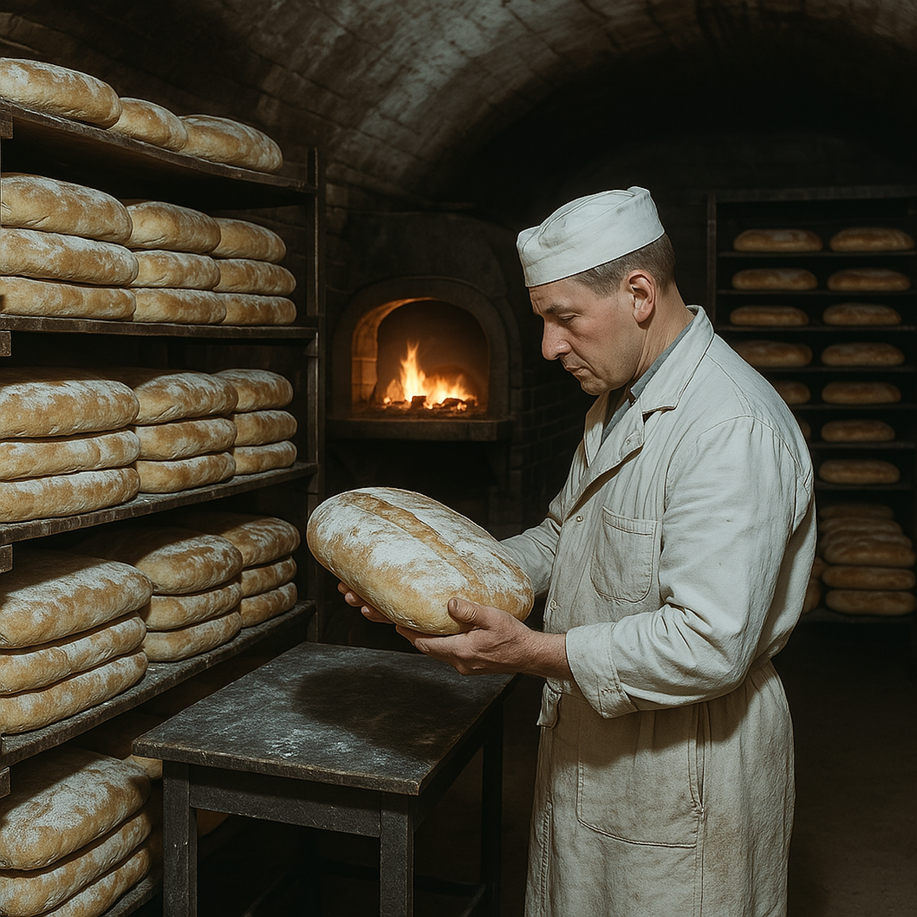 Panadero comprobando la calidad del pan