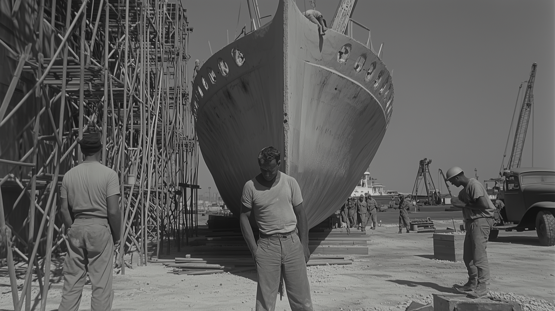 Comparativa de escala humana y construcción de casco de hormigón armado