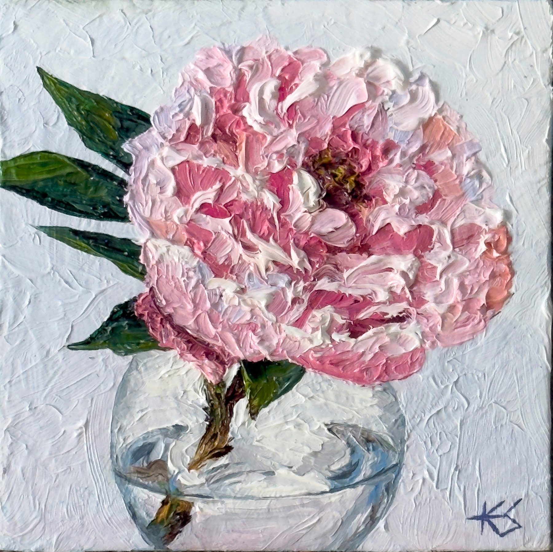 SOLD: $150 • TITLE: Peony in Sphere Vase • SIZE: 6 X 6 inches on 1.5 inch cradle panel • ARTIST: Original Oil Painting by Karen Steenekamp