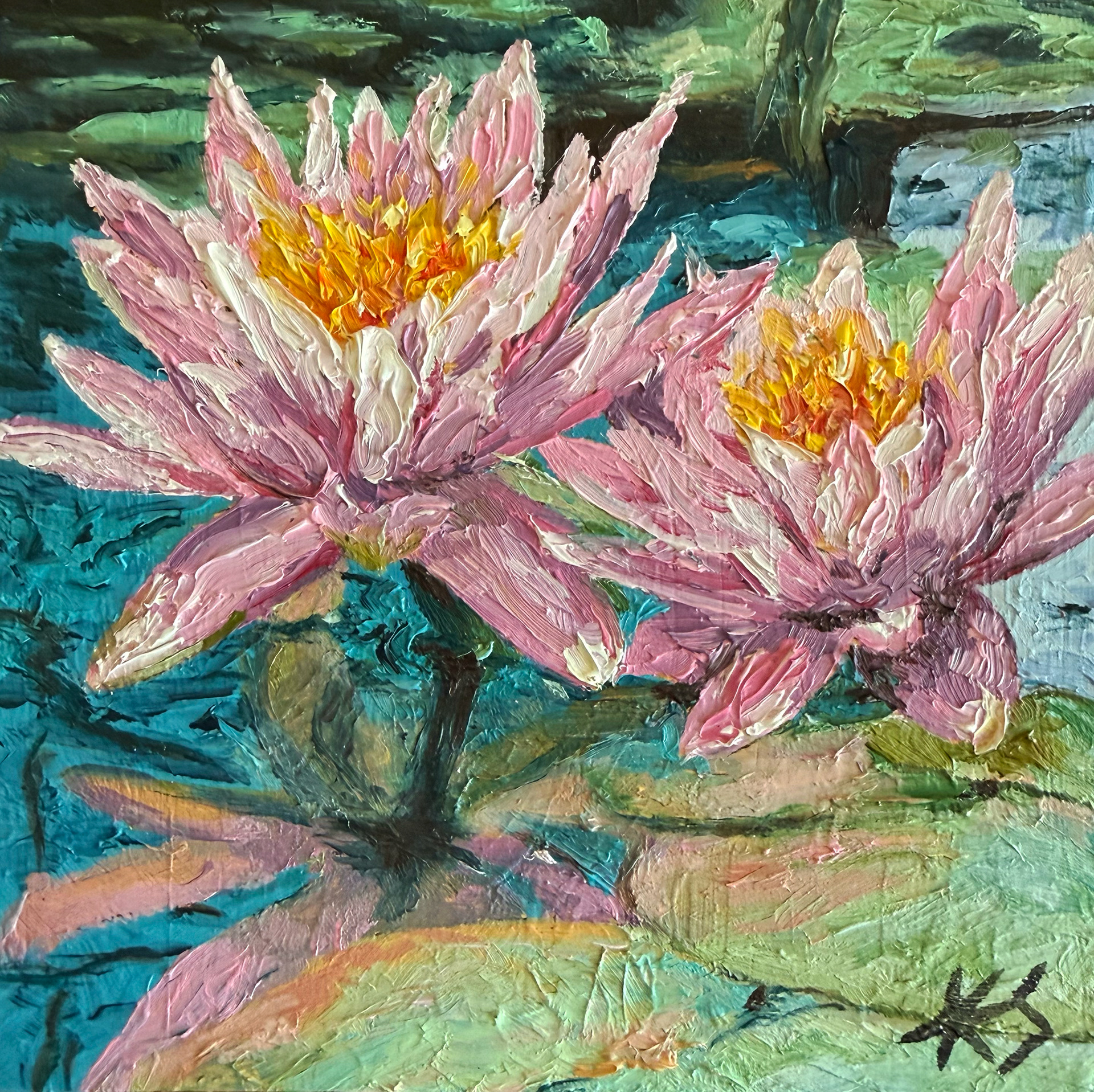 $150 • TITLE: Two Lotus Flowers • SIZE: 6 X 6 inches on 1.5 inch cradle panel • ARTIST: Original Oil Painting by Karen Steenekamp